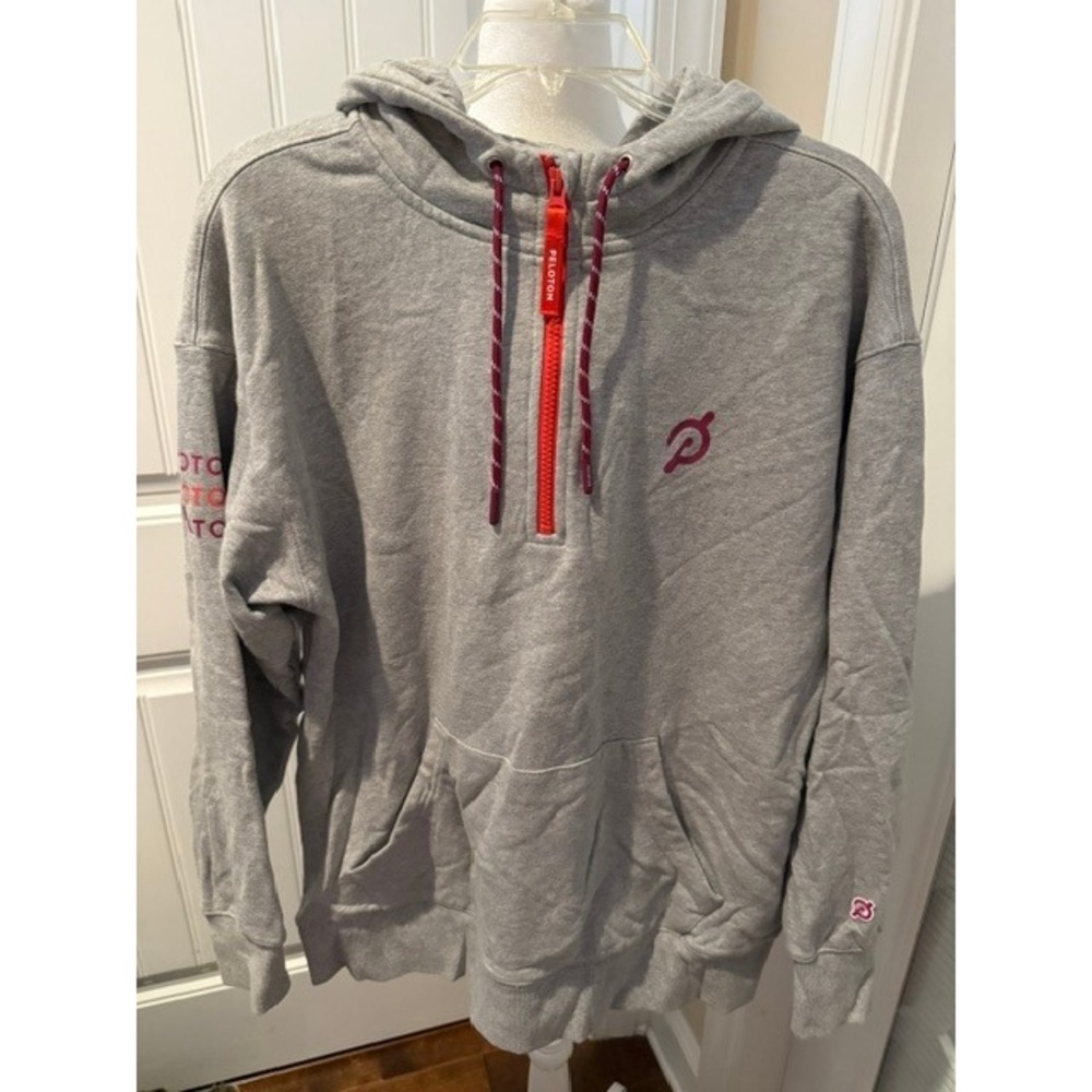 Peloton Mens Heather Gray Quarter Zip Hoodie Sweatshirt Medium Red Logo Graphic